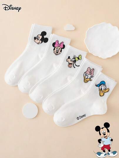 Disney 5雙迪士尼系列女款中筒襪，米奇、米妮、唐老鴨、黛絲朵卡卡通圖案，趣味運動風，四季適用，歐美尺寸，舒適透氣耐穿，色彩豐富，適合日常穿著，優質面料不悶腳