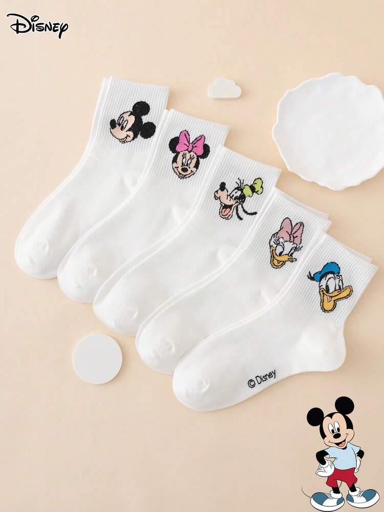 Disney 5雙迪士尼系列女款中筒襪，米奇、米妮、唐老鴨、黛絲朵卡卡通圖案，趣味運動風，四季適用，歐美尺寸，舒適透氣耐穿，色彩豐富，適合日常穿著，優質面料不悶腳 - 彩色 - 查看 1