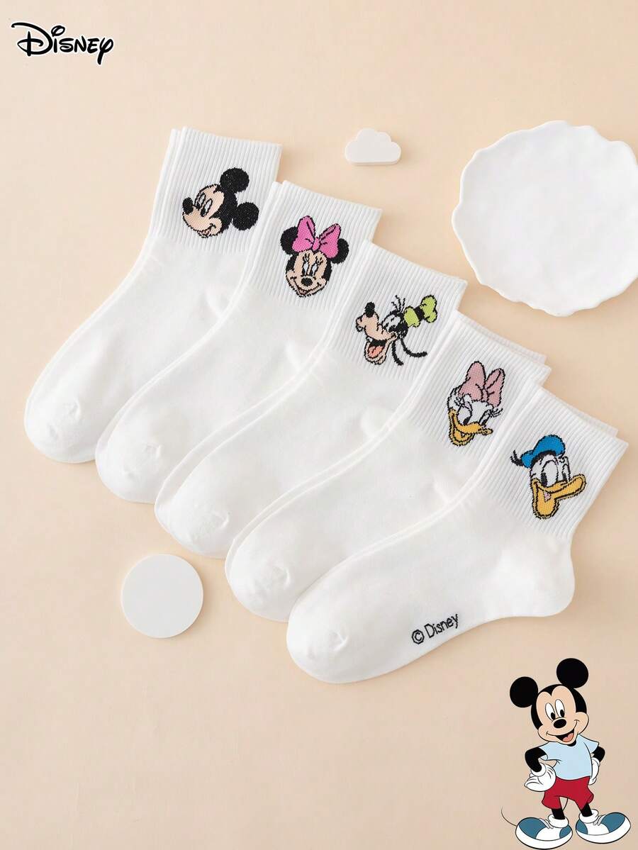 Disney 5雙迪士尼系列女款中筒襪,米奇、米妮、唐老鴨、黛絲朵卡卡通圖案,趣味運動風,四季適用,歐美尺寸,舒適透氣耐穿,色彩豐富,適合日常穿著,優質面料不悶腳 - 彩色 - 查看 1