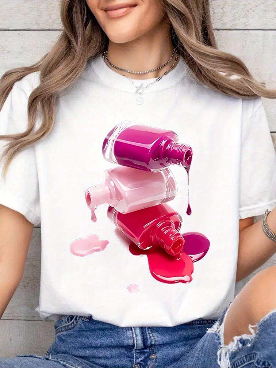 Camiseta de Mujer con Estampado de Esmalte de Uñas - Blusa de Manga Corta y Cuello Redondo con Diseños de Rayas Verticales de Esmalte (TP-1), Top Casual y Deportivo, Lavable a Máquina, Outfits de Primavera y Verano para Entusiastas de las Uñas, Uso Todo el Año 10417701 - Blanco - Ver 1