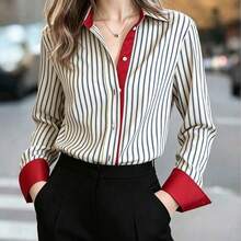 Camisa de mujer de manga larga con cuello, con ribete de contraste rojo, bajo asimétrico, camisa polo de rayas azul marino y rojo, elegante y casual francesa, para uso diario en primavera, color blanco - Verde - Ver 2