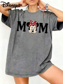 Disney Minnie Mouse Mom Letter Graphic Washed Unisex TShirt, 100% Cotton Oversized Vintage Short Sleeve Tee, Family Mom Themed Casual Top - Xám - Xem 1