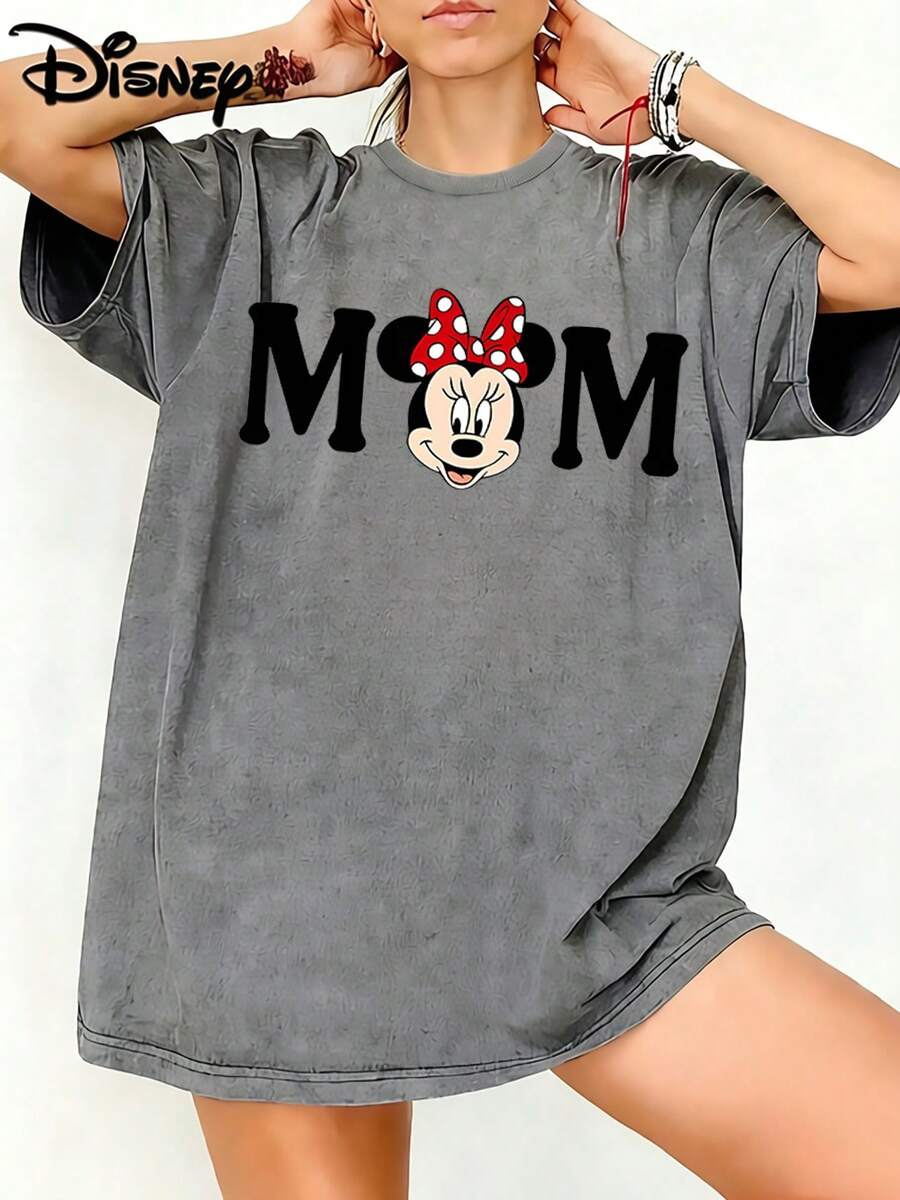 Disney Minnie Mouse Mom Letter Graphic Washed Unisex TShirt, 100% Cotton Oversized Vintage Short Sleeve Tee, Family Mom Themed Casual Top - Xám - Xem 1