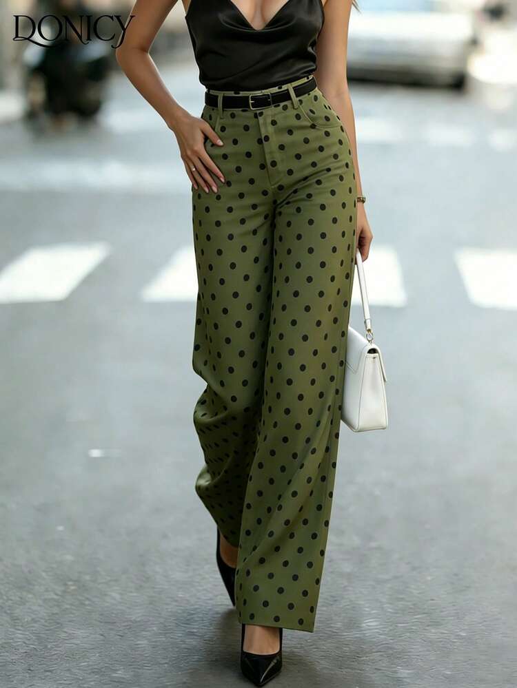 DONICY Women's Military Green Polka Dot High Waist Wide Leg Pants, Vintage Style Full Length Pants With Pockets, Suitable For Spring And Summer Daily Wear - Army Green - View 1