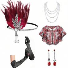 Bộ 5 món: Băng đô lông vũ phong cách retro thập niên 1920, khăn choàng đính sequin, vòng cổ ngọc trai giả, bông tai, găng tay đen - Phụ kiện trang phục cho dạ hội hóa trang, tiệc tùng, váy dạ hội trang trọng, đi biển, kỳ nghỉ, phụ kiện, đồ dùng cần thiết khi đi du lịch. - Nhiều màu - Xem 32