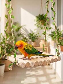 Natural Wooden Parrot Swing Stand, Rustic Style With Artificial Vine Ropes, Sturdy And Durable For Hanging, Scratching And Resting, Suitable For Small To Medium Parrots, Parrot Cage Accessory And Toy - View 6
