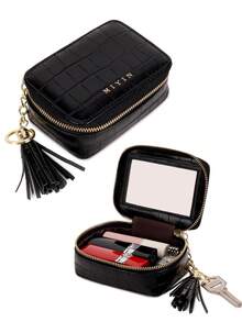 FOREVER MIYIN 1pc Crocodile Pattern Mini Cosmetic & Jewelry Storage Box, Built-In Mirror And Keychain, Zipper Closure, Lipstick Storage Bag, Cosmetic Organizer, Portable Compact Travel Makeup Bag, Suitable For Women's Daily Use, Outdoor Travel And Girls' Carry, Valentine's Day Gift, Mother's Gift, Girlfriend Gift - Multicolor - View 13