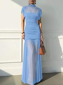 Vestido elegante y sexy de unicolor con volantes de malla, dobladillo plisado, adecuado para la playa, citas nocturnas, bodas, fiestas de cumpleaños, primavera/verano - Celeste - Ver 1