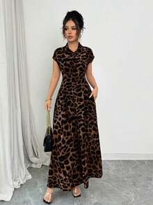 Vestido abotonado de manga corta con cuello, cintura ceñida y estampado de leopardo elegante para mujer - Gris - Ver 10