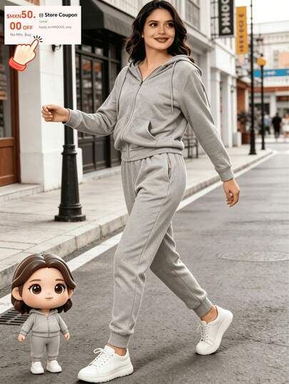 Conjunto de Sudadera con Capucha y Cierre y Pantalones para Mujer Casual 2 Pzs