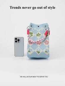 Cute Cartoon Multi-Color Knot Decor Large Capacity Bucket Bag, Handheld Tote, Elegant Multifunctional Travel Handbag - Baby Blue - View 4