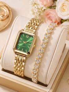 2Pcs/Set Teen Gold Watch & Bracelet Set, Green Dial Rectangle Quartz Watch With Rhinestone Bracelet, For Back To School & Vacation, No Box - Green - View 1