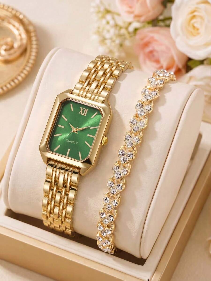 2Pcs/Set Teen Gold Watch & Bracelet Set, Green Dial Rectangle Quartz Watch With Rhinestone Bracelet, For Back To School & Vacation, No Box - Green - View 1