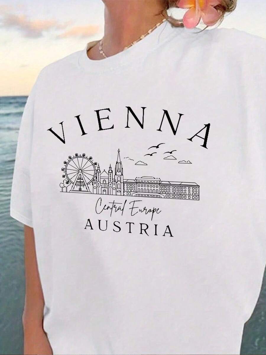 Premium T-Shirt With Vienna Skyline Print, 100% Cotton, Inspired By Women's Fashion, With A Round Neck, For Activewear. Machine Washable. Comfortable Casual Wear Suitable For Festivals And Parties - Top. . - 白色 - 查看 1