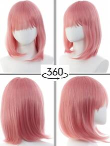 Women's Elegant Pink Bob Wig, Heat-Resistant Fiber, Straight Hair, Rose Net Cap, 100% Density, Suitable For Everyone - Versatile Pink Shoulder-Length Wig - 彩色 - 查看 11