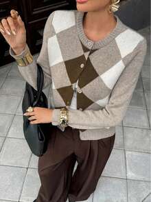 Plus Size Women's Round Neck Argyle Knit Cardigan, Autumn/Winter Long Sleeve Short Style, Daily Casual Essential - Multicolor - View 4