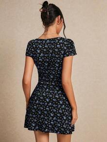 Vestido de línea A con estampado floral y cuello en V dulce para mujer, vestidos florales, vestidos florales de primavera, vestidos de mujer para la playa, Y2K verano, vestidos florales, vestidos de verano lindos, vestidos de verano - Negro - Ver 6