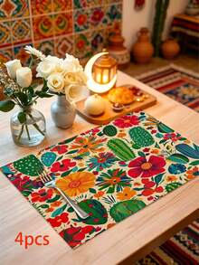 Tropical Flower Cactus Pattern Table Runner, Mexican Style, Modern Home Kitchen Decor, Table Runner Placemat Pillowcase Set, Suitable For Daily Home Kitchen Decoration, Daily Party Decoration. - Multicolor - View 17