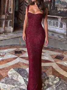 1pc Solid Color Sexy Elegant Party Knit Fabric Cup Detail Dress, Suitable For Holiday, Wedding, Birthday Party, Summer - Burgundy - View 3