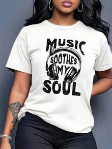Summer T-Shirt With Print "MUSIC SOOTHES MY SOUL" And Headphone Motif In Orange, From Local Stock, Combines Western Clothing With Music-Inspired Themes, For Music Fans, S-XXL, Loose And Comfortable, Summer Top. - 黑色 - 查看 10