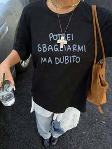 Women's Short-Sleeved T-Shirt Made From 100% Cotton With A Fresh And Stylish Slogan Print, Also Available In Plus Sizes, Ideal For Spring/Summer And Year-Round Use, Women's Sportswear, Soft And Breathable White Short-Sleeved Top, Perfect For Holidays. - 黑色 - 查看 3