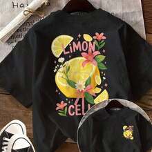 Casual Women's T-Shirt, Spring-Summer Double-Sided Print With A Fresh Lemon Blossom Pattern, Round Neck, Short Sleeves. - Black - View 6