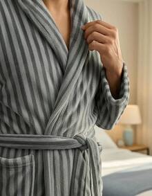 Appel Plush Flannel Bathrobe - Super Comfortable - Gray Striped - View 4
