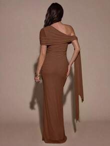 Vestido elegante de mujer con diseño de torsión asimétrica de unicolor y dobladillo de cola de pez ajustado - Marrón - Ver 2
