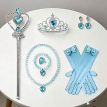 7pcs Clothing Accessories Set, Suitable For Adult Costume, Includes Crown Set, Necklace, Bracelet, Earrings, Ring, Gloves, Perfect For Daily Wear And Holiday Dress-Up,Halloween - Blue - View 5