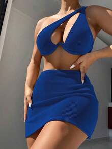 Swim Conjunto de bikini acanalado Sujetador con aros recortado y parte inferior de corte alto y falda de playa Traje de baño de 3 piezas - Caqui - Ver 11