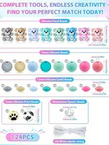 124pcs FIVEIZERO Silicone Beads For Keychain Making, Bear Bead, 15mm Round, 12mm Flat Bean And 10mm Crystal Beads, Suitable For Pens, Bracelets And Crafts, With Elastic Cord - Multicolor - View 14