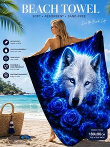 Toalha de praia com lobo branco néon azul e rosas azuis, impressão artística de animal místico de fantasia galáctica em microfibra, toalha de piscina ultra absorvente de secagem rápida e sem areia, toalha extragrande para fãs de vida selvagem 180x90cm/160x80cm/140x70cm, toalha macia, leve, durável e sem desbotamento para homens, mulheres e adolescentes, toalha de secagem rápida para praia, piscina, campismo, férias de verão, presente único para amantes de lobos & entusiastas de arte de fantasia, toalha multiusos - 1 toalha de praia - Ver 4