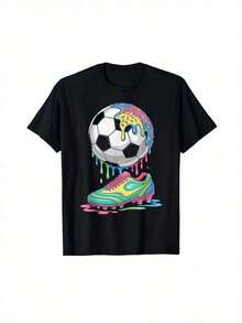 Men's Black Sports Shirt With Soccer Ball And Shoe Design - Breathable, Moisture-Wicking Fabric For Soccer Training, Matches, And Casual Wear - Casual Sports Shirt For Men And Women, Valentine's Day Outfit | Exquisite Design | Loose And Comfortable | Easy To Match | - 黑色 - 查看 7