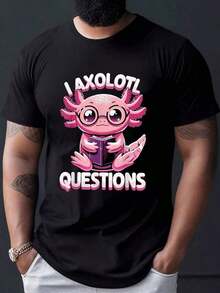Pink Axolotl Wearing Glasses And Holding A Book Conveying Curiosity And Knowledge. Men's 100% Soft And Comfortable Casual Sports T-Shirt. Lightweight And Comfortable T-Shirt For Everyday Summer Wear, Outdoor Running, Gym Training, And Travel Activities. - 黑色 - 查看 1