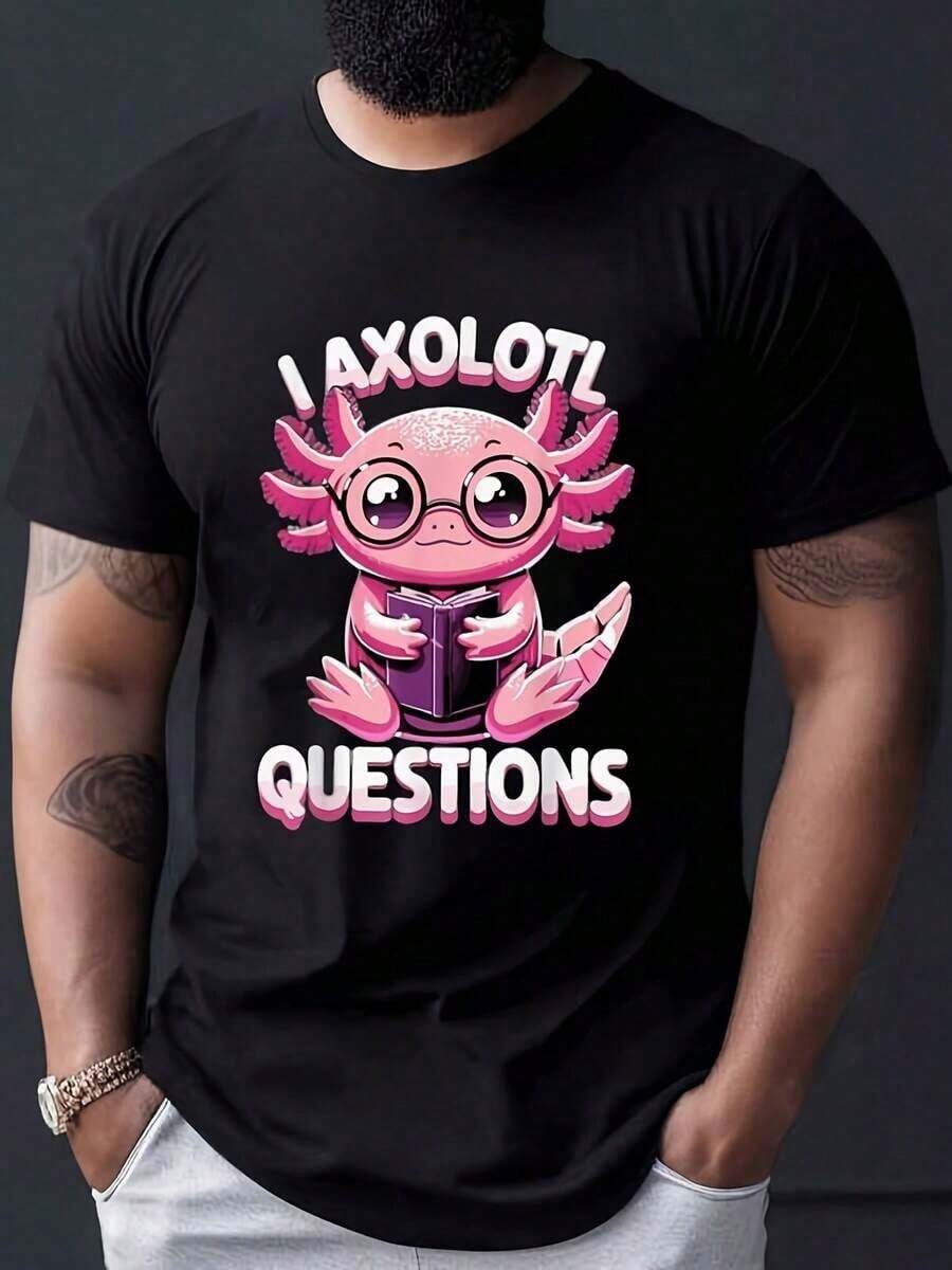 Pink Axolotl Wearing Glasses And Holding A Book Conveying Curiosity And Knowledge. Men's 100% Soft And Comfortable Casual Sports T-Shirt. Lightweight And Comfortable T-Shirt For Everyday Summer Wear, Outdoor Running, Gym Training, And Travel Activities. - 黑色 - 查看 1