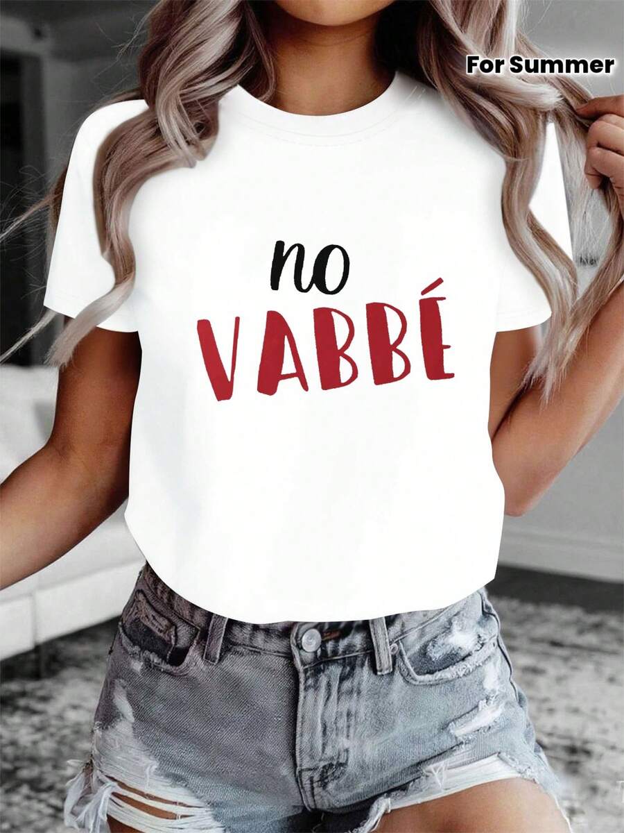 Women's T-Shirt With "No Vabbe" Letter Print In Italian Style, Short Sleeves And Round Neck, Casual Top For Summer And Spring, Women's Clothing - 白色 - 查看 1
