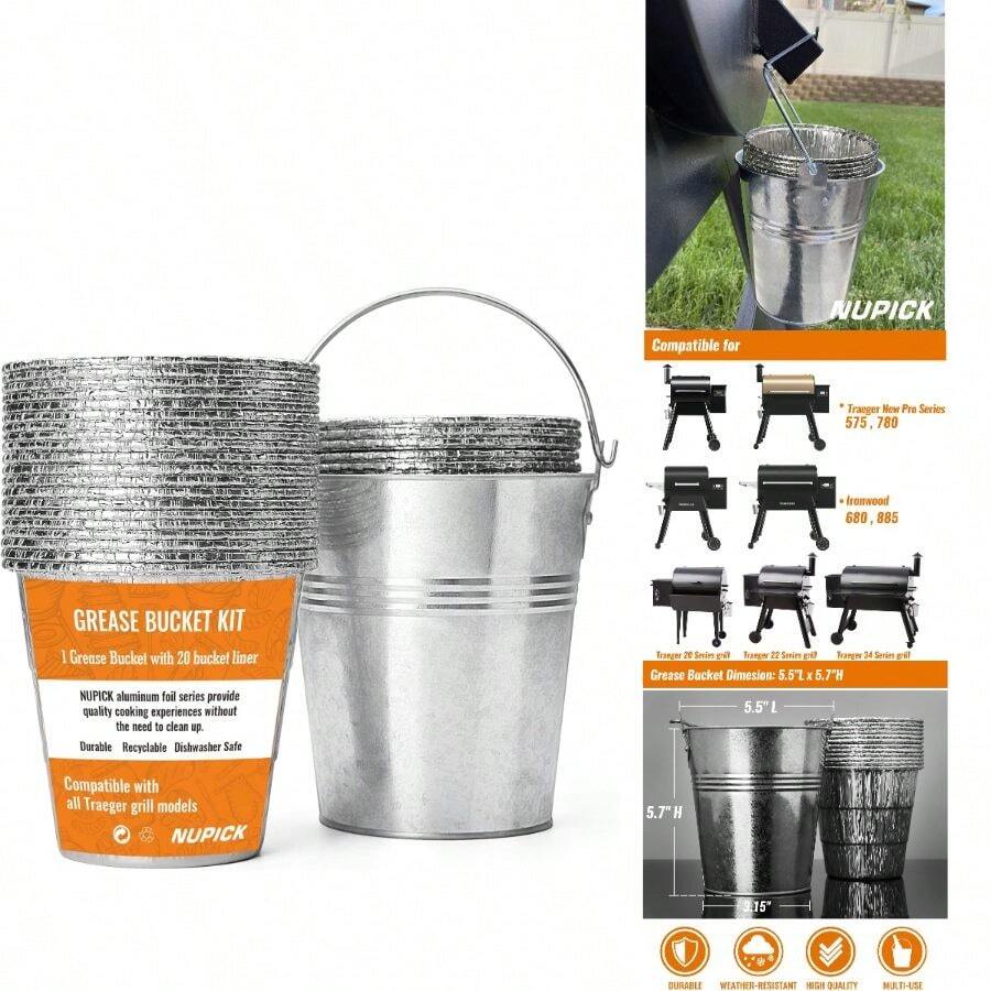 NUPICK 20-Pack Grease Bucket Liner 1-Pack HDW152 Traeger, Grease Bucket Traeger Pro Series 575/780, 22/34 Series, Ironwood 650/885 Grills, Silver - A - Xem 1