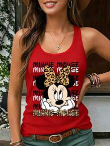 Disney Minnie Mouse Leopard Print Bow Tank Top For Women, Racerback Sleeveless Shirt With Minnie Face & Leopard Bow Print, Lightweight Breathable Tee For Theme Park Vacation, Casual Daily Wear And Summer Trip - Đỏ - Xem 1