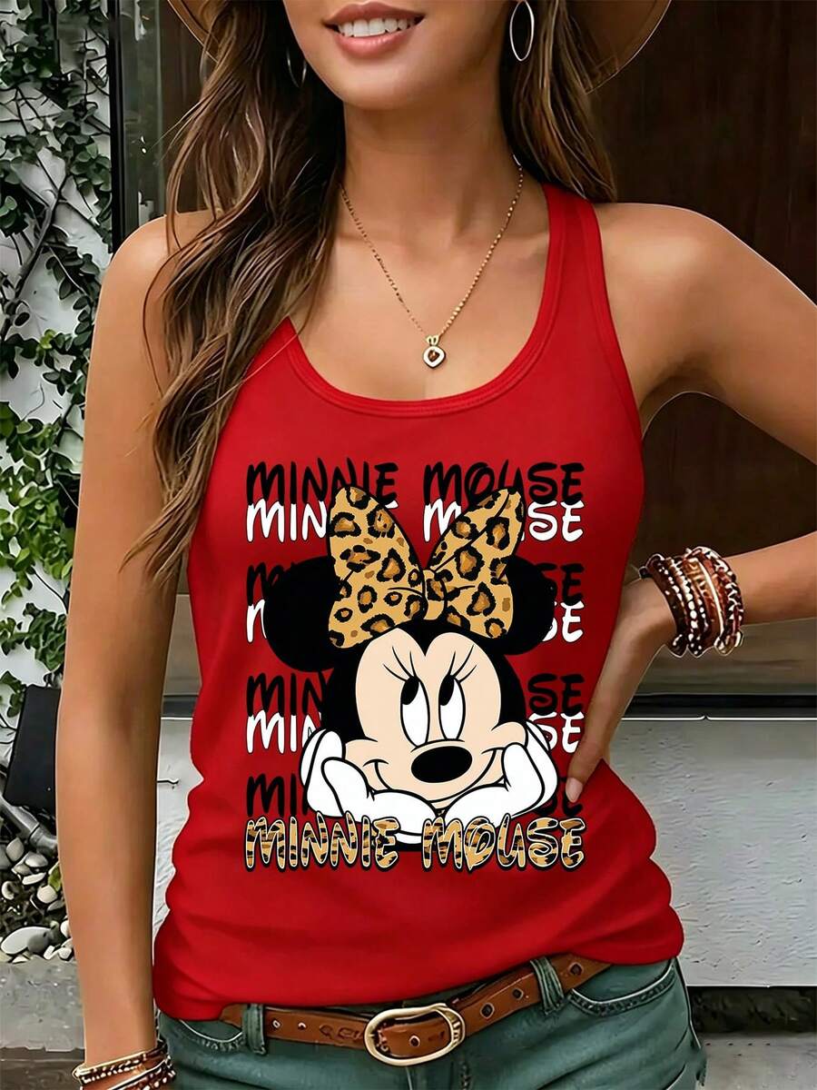 Disney Minnie Mouse Leopard Print Bow Tank Top For Women, Racerback Sleeveless Shirt With Minnie Face & Leopard Bow Print, Lightweight Breathable Tee For Theme Park Vacation, Casual Daily Wear And Summer Trip - Đỏ - Xem 1