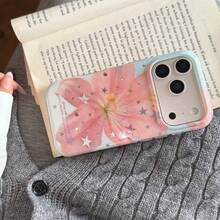 Fashionable Creative Gold-Plated Star & Lily Flower Phone Case For IPhone 17 Pro Max, 16 Pro Max, Cute For Girls, Suitable For IPhone 15 Pro, 14, 13, Protective Cover, Birthday/Holiday Gift - Pink - View 10
