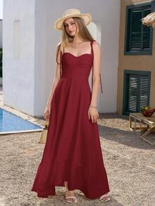 PARTHEA Vestido largo blanco elegante de verano con Body ceñido, escote espalda descubierta, fruncido y volantes - Rojo - Ver 6
