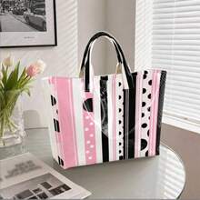 Striped & Polka Dot Print Tote Bag, Glossy PVC Waterproof Handbag, Retro Geometric Casual Shoulder Bag, Large Capacity Reusable Tote For Women, Work, Beach, Daily Shopping - 粉色 - 查看 4