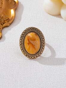 1 Stück Vintage Palast-Stil geometrischer ovaler Steinring, Blumen-Rand-Schnitzdesign, betont edel und elegant, geeignet für Frauen als Partytragen - golden - Übersicht 3