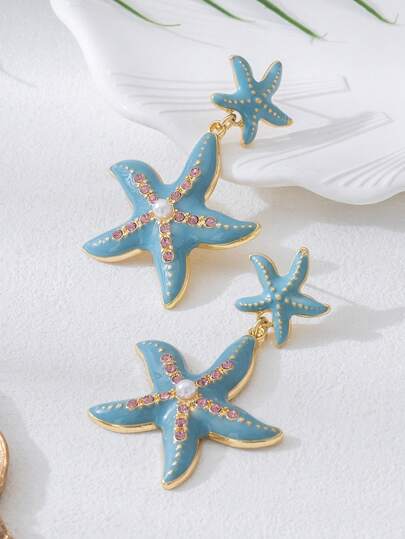 1 par de pendientes colgantes de estrella de mar esmaltada exagerada con piedras de vidrio de colores, elegantes y lujosos, adecuados para el uso diario, fiestas y salidas de las mujeres