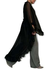 Kimono de gasa transparente con volantes para mujer, cobertura de manga larga con dobladillo asimétrico - Negro - Ver 6