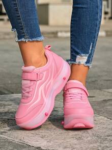 Sepatu Roda Motif Gelombang untuk Anak Perempuan, Sepatu Roda 4 Roda yang Dapat Ditarik dengan Perekat Velcro, Sepatu Olahraga Seluncur Anak-Anak - Berwarna merah muda - View 5