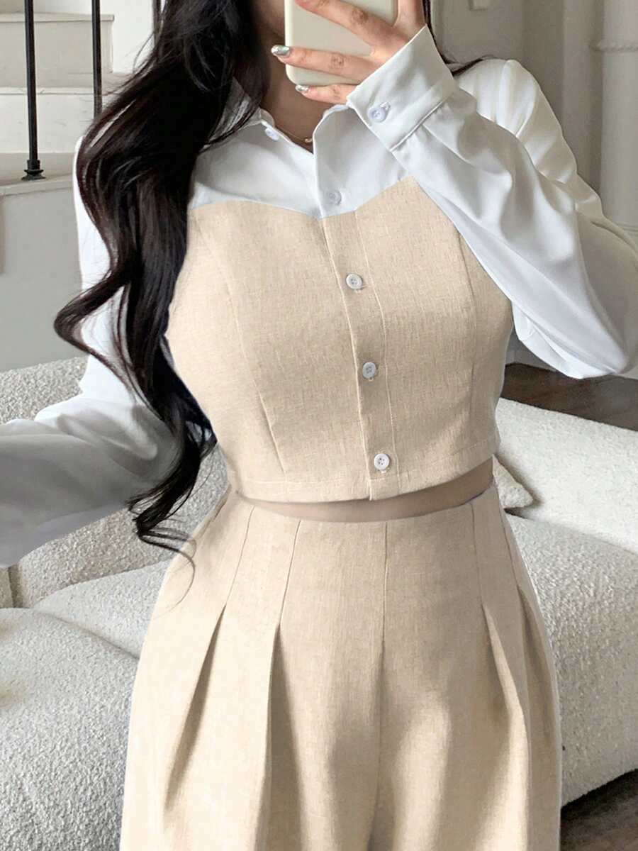 abyoxi 女款杏色翻領長袖單排扣假兩件式短版襯衫,休閒通勤日常極簡辦公風秋冬短上衣(僅上衣) - 淺杏色 - 查看 1