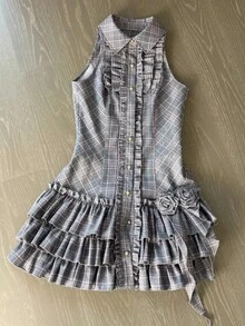 Summer Japanese Y2K Sweet Vintage Elegant Woman Sexy Retro Design Harajuku Dress Female Plaid Korea Style Chic Outfits New  Slim Fit Princess A Line Short Mini Bodycon Streetwear - Gray - 查看 2
