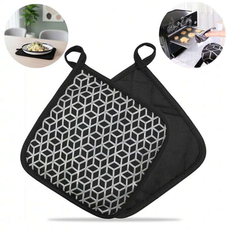 OVEN GLOVE, POT MAT, 2 IN 1 COTTON SILICONE - Black - View 1