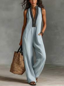 Women's Jumpsuit, Sleeveless V-Neck, Elegant, Casual 1-Piece Pants Jumpsuit 2026 Summer Set - 天藍色 - 查看 1